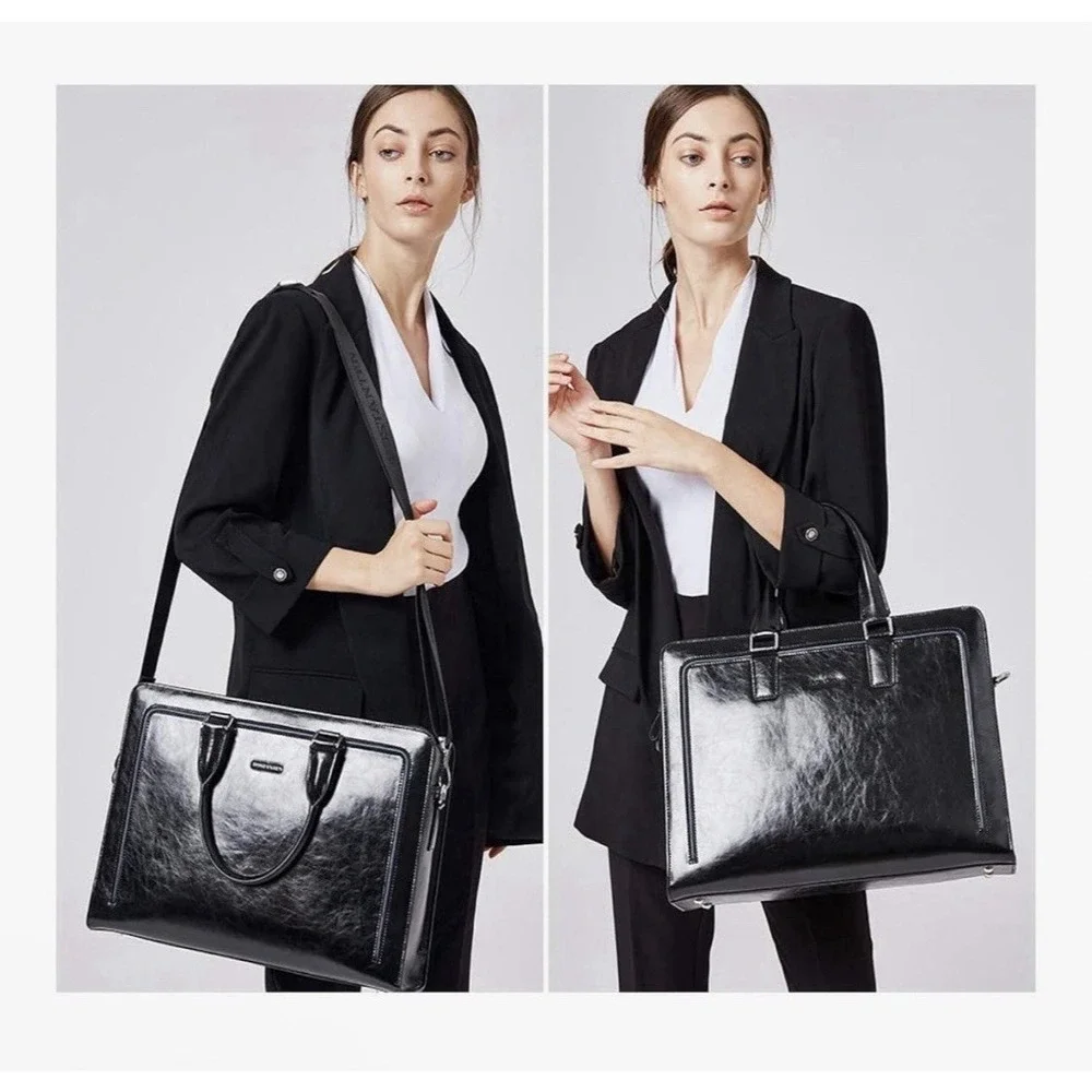 Bostanten Black Leather Briefcase Laptop Bag B1182023K-00 Business Messenger Bag